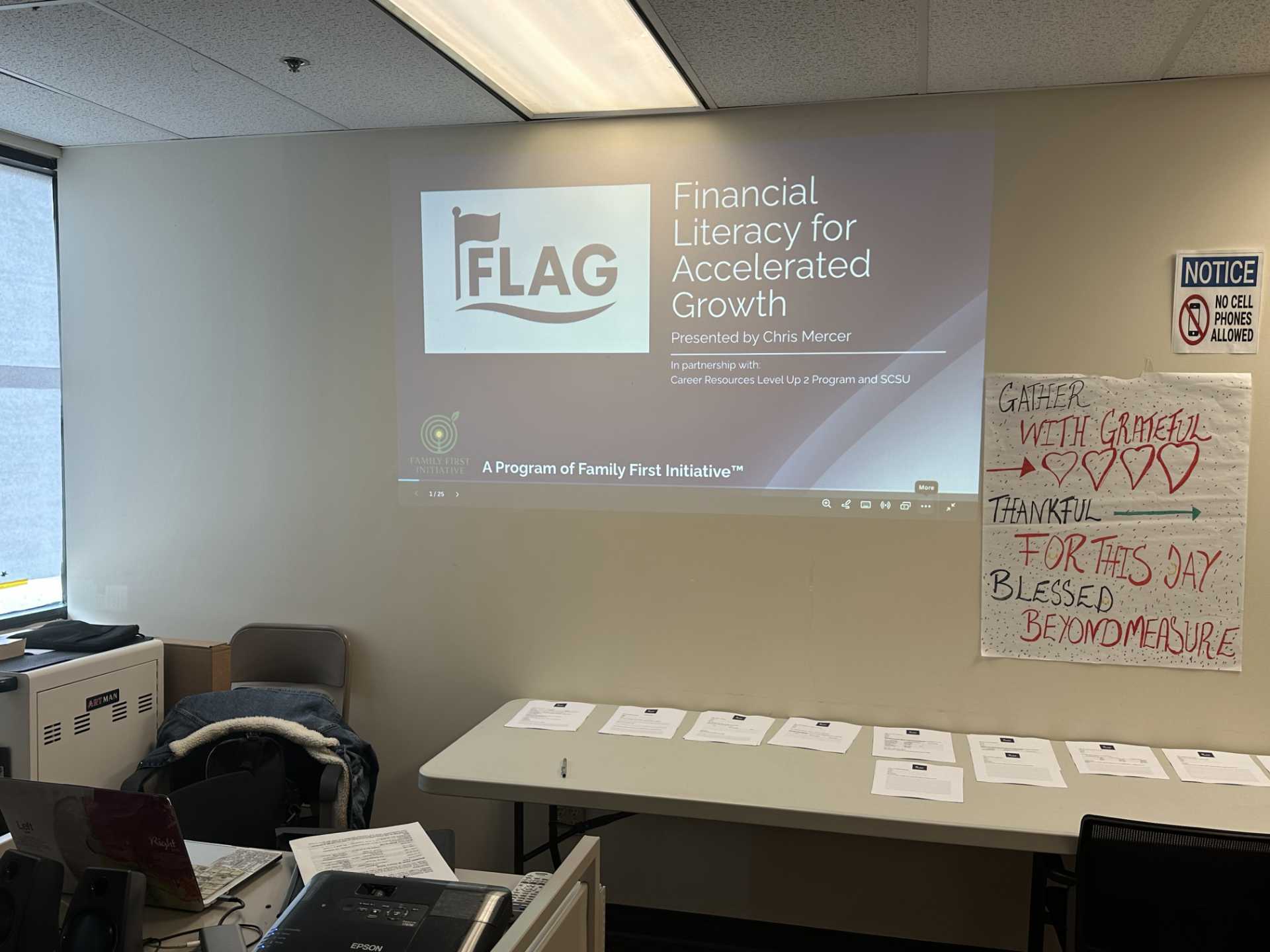 FLAG workshop opening slide projected at the start of a session